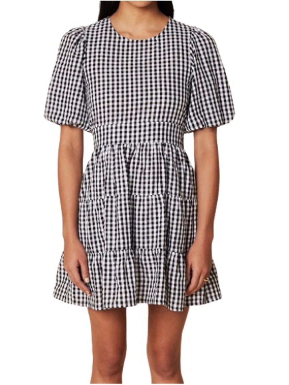 Faithfull the Brand Black and White Gingham Puff-Sleeve Tiered Dress